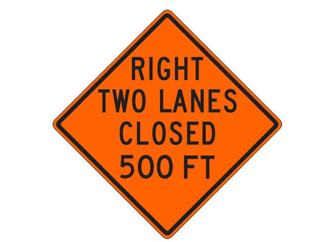 W20-5ac(R) Right Two Lanes Closed 500 FT