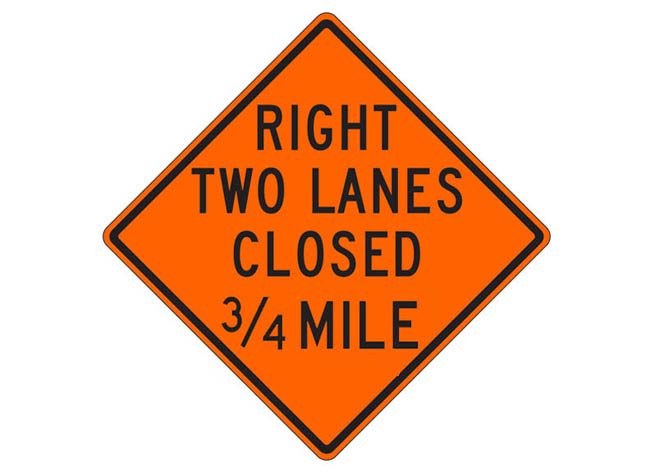 W20-5af(R) Right Two Lanes Closed 3/4 Mile