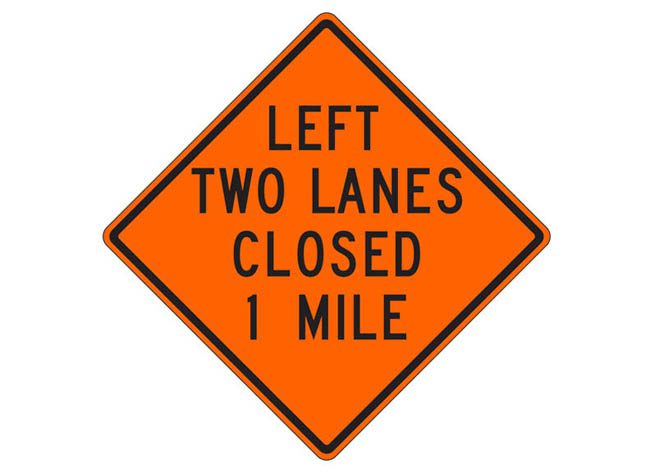 Picture of W20-5ag(L) Left Two Lanes Closed 1 Mile