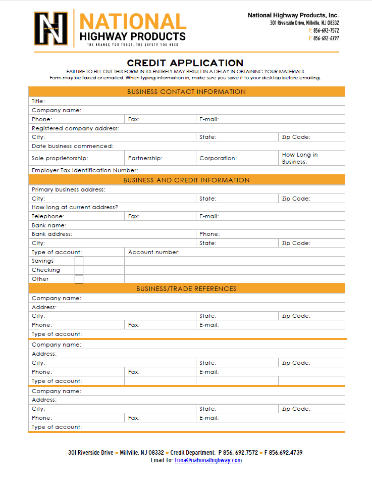 NHP Credit Application Form